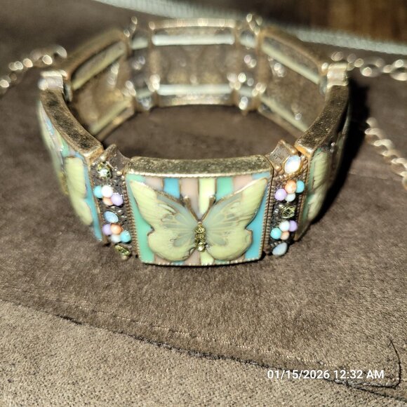 Kirks Folly 80s Enamel Butterfly Stretch Rhinestone Bracelet Panel Necklace Set - Picture 6 of 10